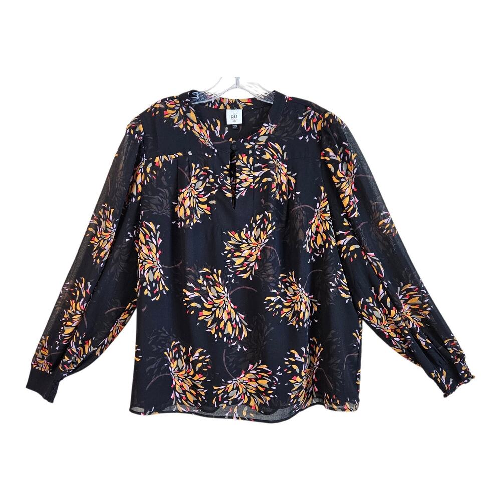 CABI Women's Plus XXL Fiesta Blouse Firecracker Floral Long Sleeve Chiffon 52"